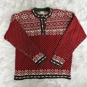 Vintage L.L.Bean Red Sweater Fair Isle lcelandic Ski Apres Nordic Chunky Knit S